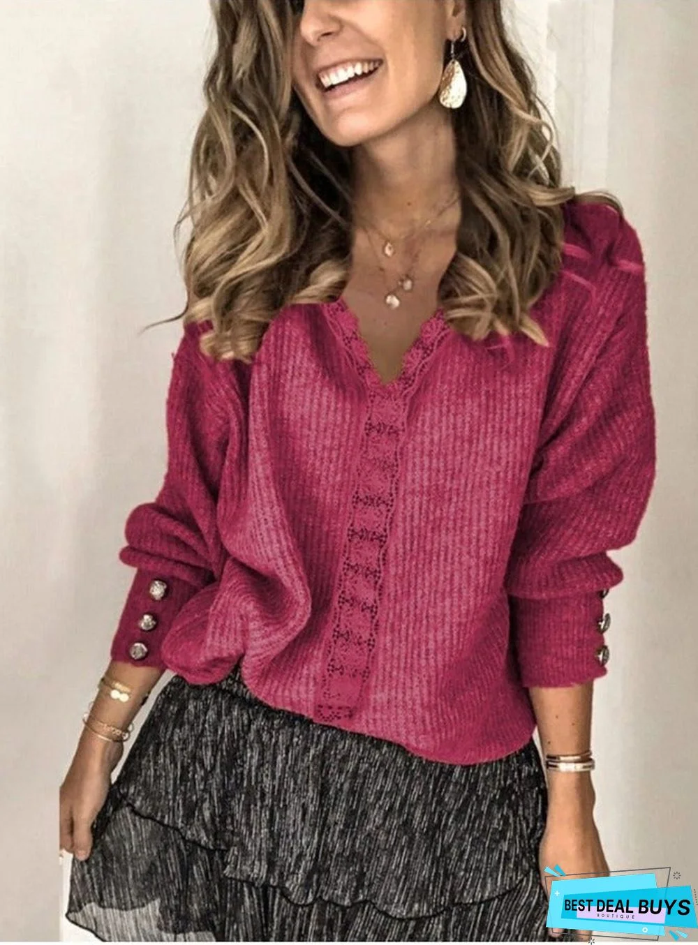 Lace V-Neck Loose Long Sleeve Pullover