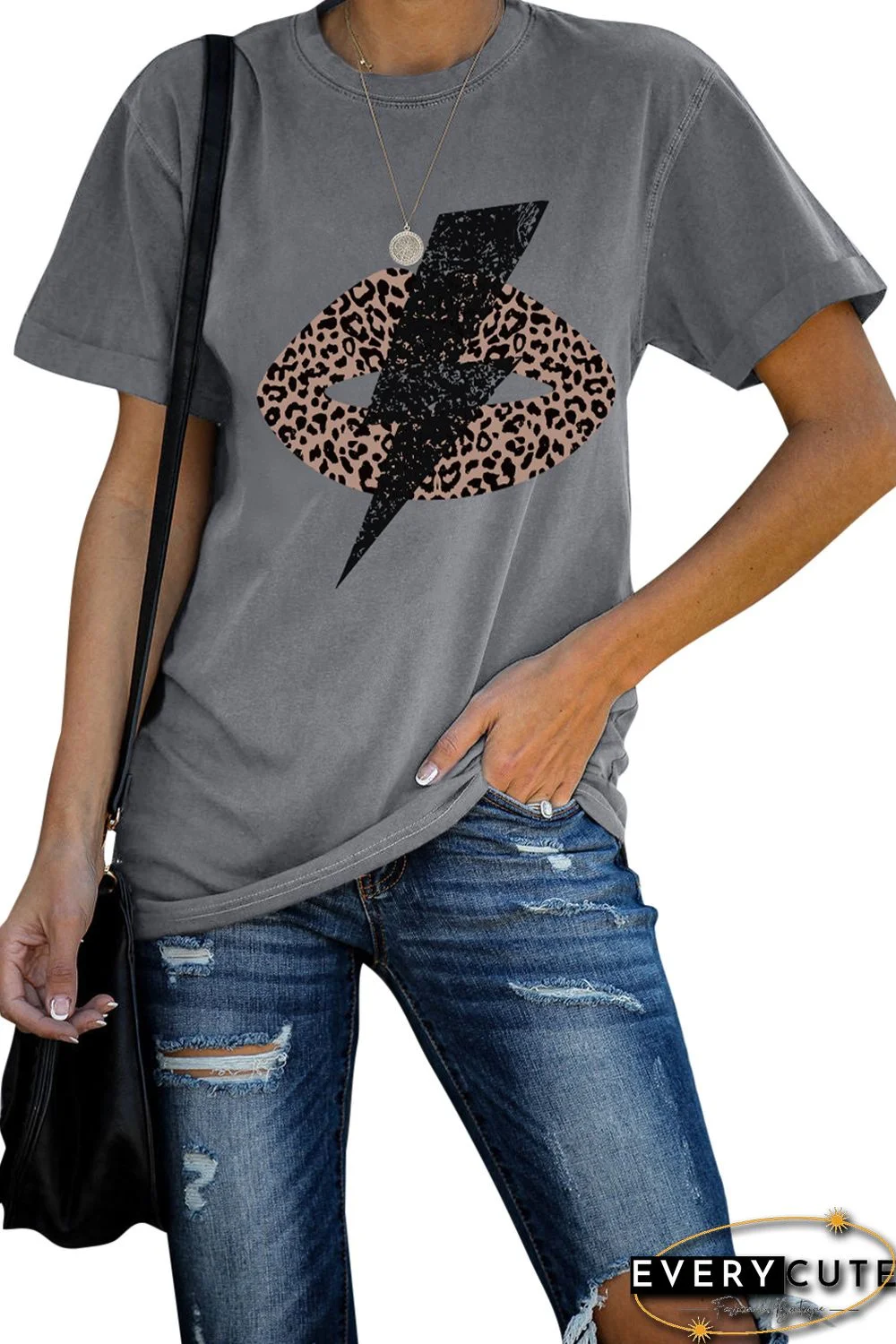 Gray Leopard Lip Lightning Print Short Sleeve T Shirt