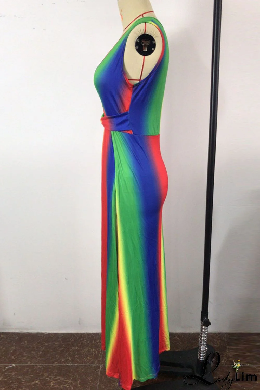 Colour Fashion Sexy Print Patchwork Slit V Neck Sleeveless Dress