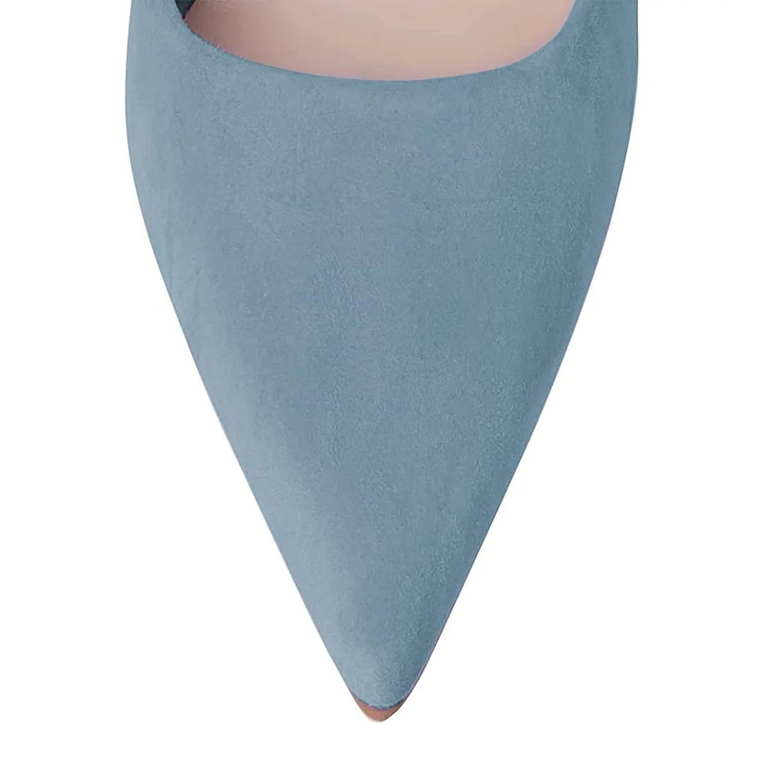 Light Blue Vegan Suede Pointed Toe Pumps Shoes with Flared Heel