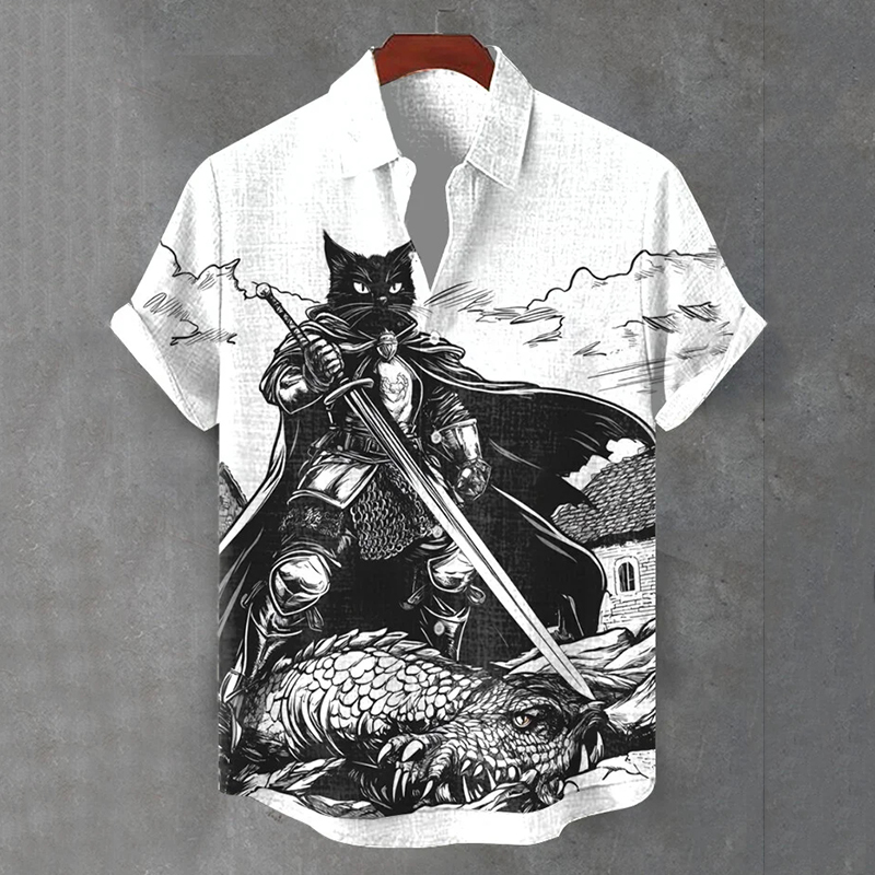 Men's Black Cat Warrior Fights Dragon Art Casual Short Sleeve Shirts