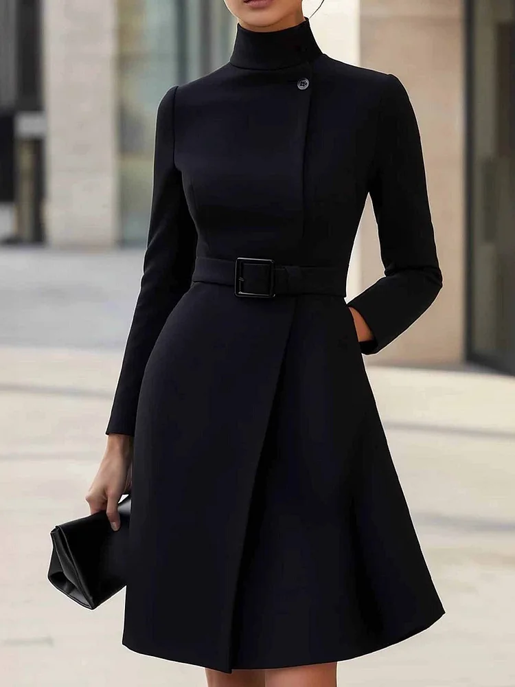 Elegant High-neck Tie-waist A-line Midi Dress (with belt)
