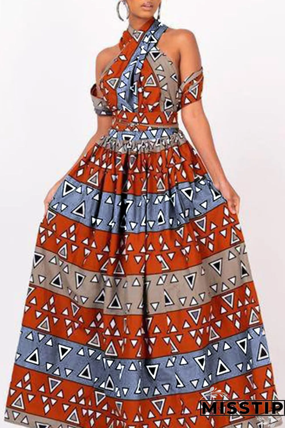 Brick Red Vintage Elegant Print Bandage Patchwork Asymmetrical Collar A Line Dresses