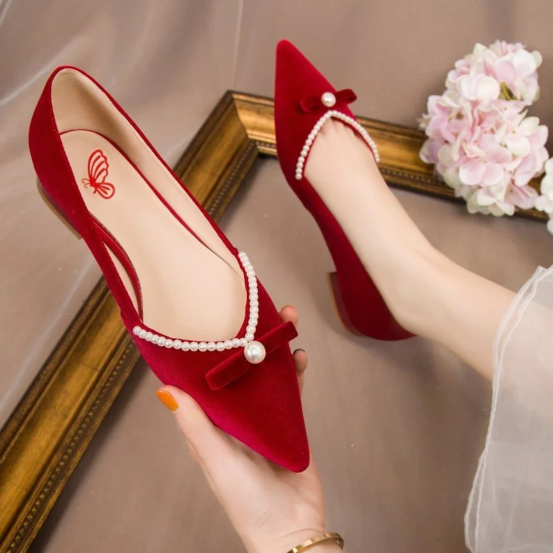 Churchf Wedding Shoes Flat 2025 New Bride Chinese Xiu Shoes Pregnant Women Can Wear Bow Knot Pearl Single Shoes Women