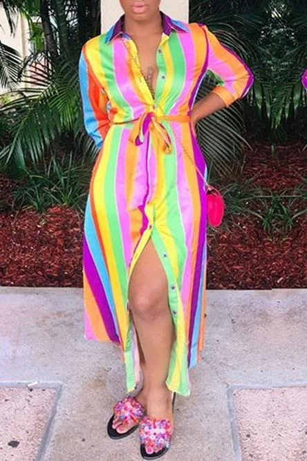 Fashion Rainbow Stripe Long Multicolor Dress