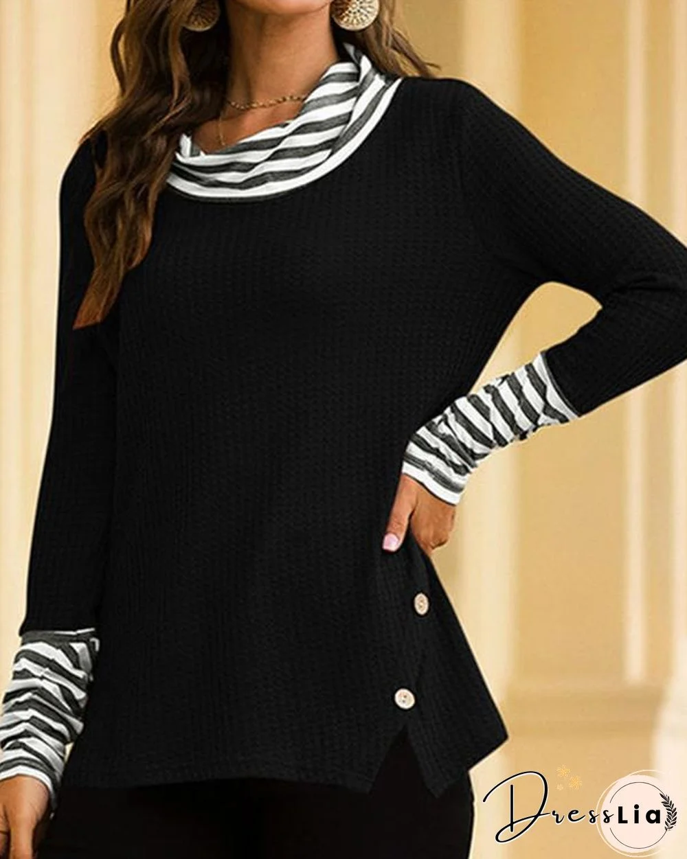 Cowl Neck Color-Block Striped T-Shirts