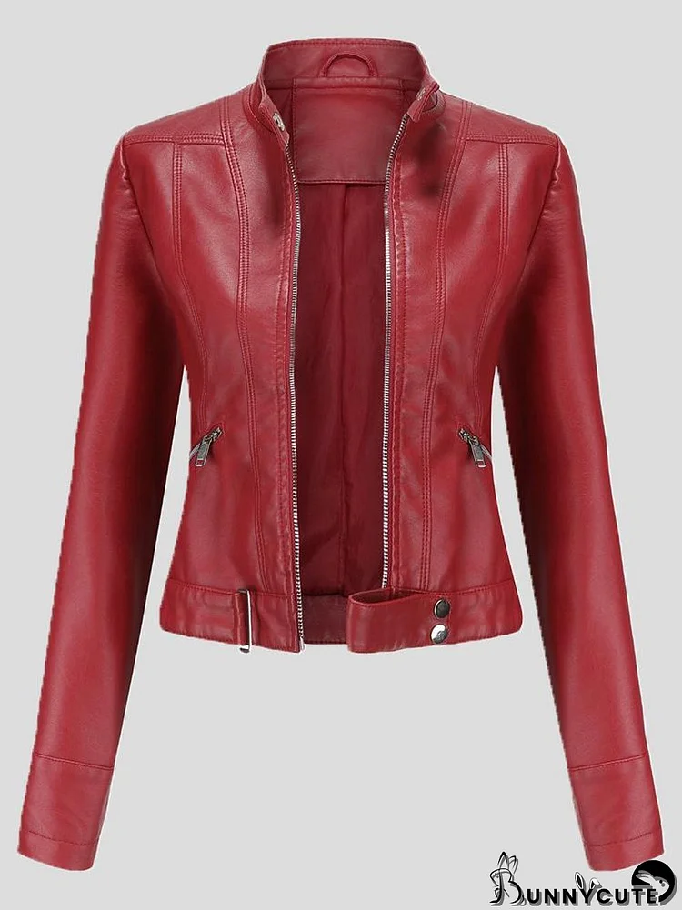 Women's Jackets Short Stand-Up Collar Zipped Leather Jacket