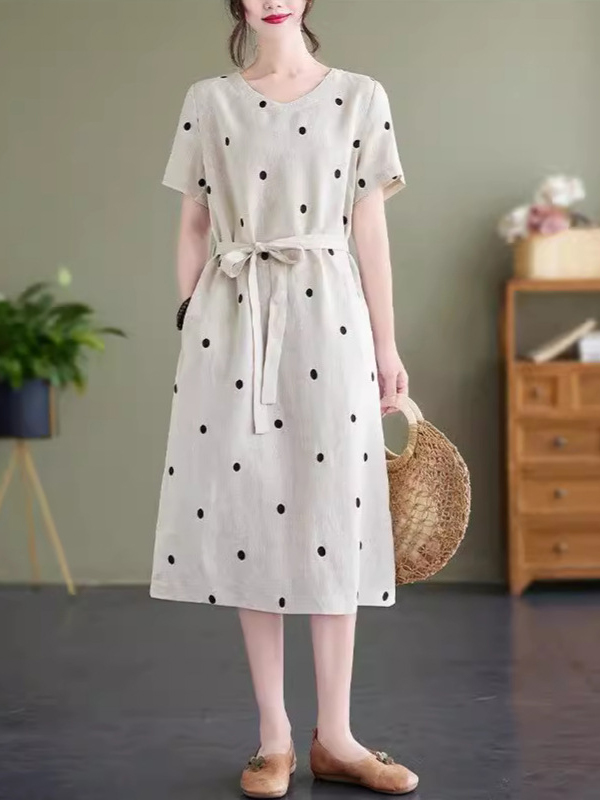 Polka Dot V Neck Short Sleeve Midi Dress