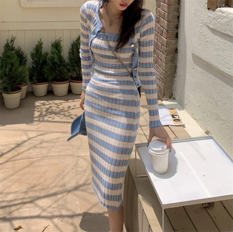 Ueong Style Temperament Small Fragrant Wind Striped Knitted Long-Sleeved Cardigan Halter Dress Korean Version Slim Two-Piece Dress