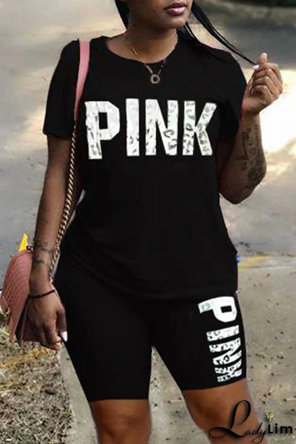 Rose Red Fashion Casual Letter Print Patchwork O Neck Short Sleeve Plus Size Two Pieces