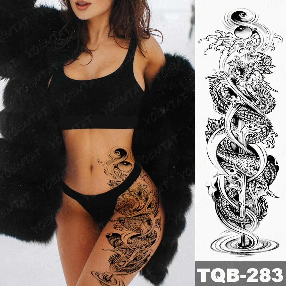 Sdrawing Arm Waterproof Traditional Temporary Tattoo Stickers Women Men Black Line Flowers Koi Crane Thigh Body Art Fake Tattoos