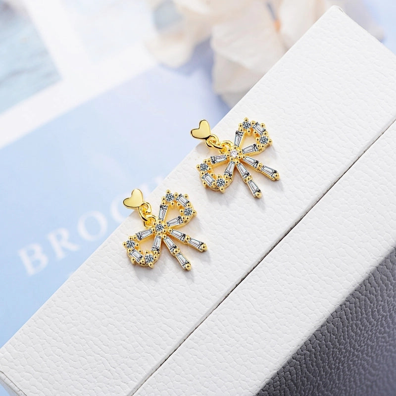 1 Pair Classic Style Commute Heart Shape Bow Knot Inlay Copper Zircon Earrings
