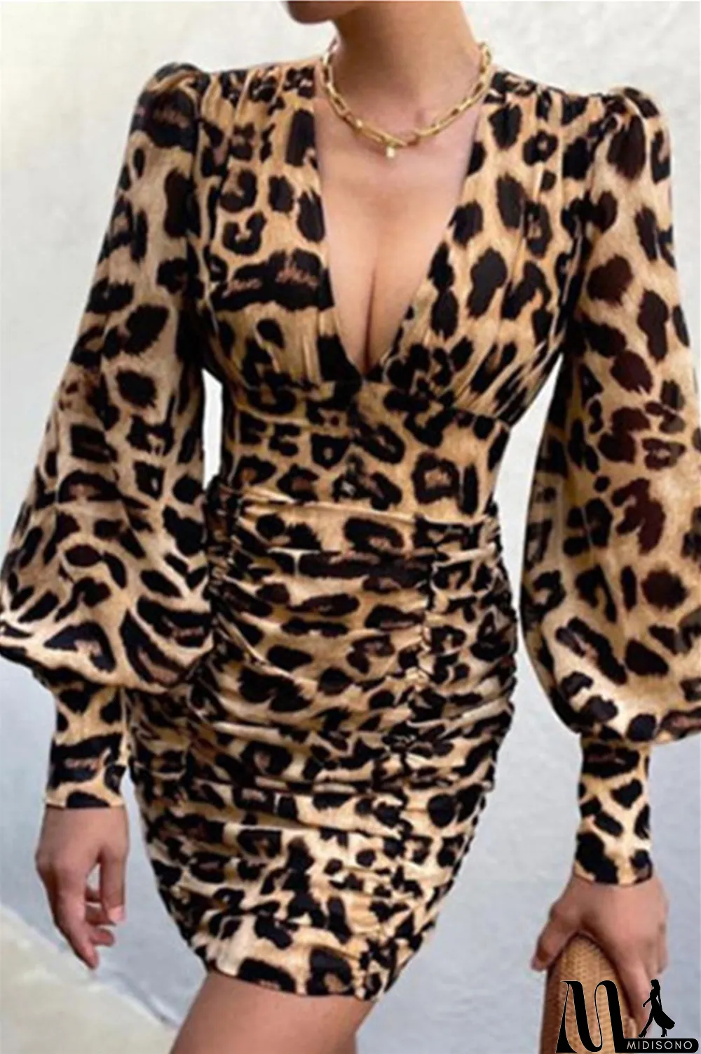 MidiSono - Green Fashion Sexy Print Fold V Neck Long Sleeve Dresses