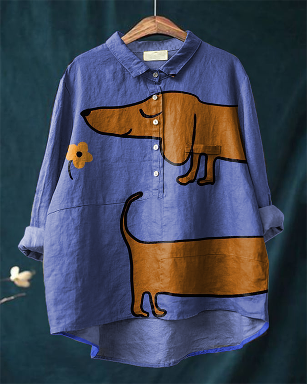 Cute Dachshund Floral Art Print Cotton and Linen Long Sleeve Shirt