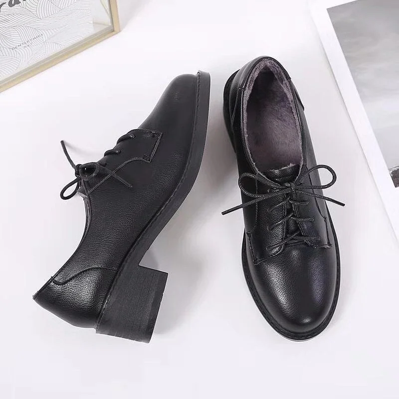 black/beige oxford shoes woman laca up flats British style small leather shoes woman derby shoes plush winter brogues women