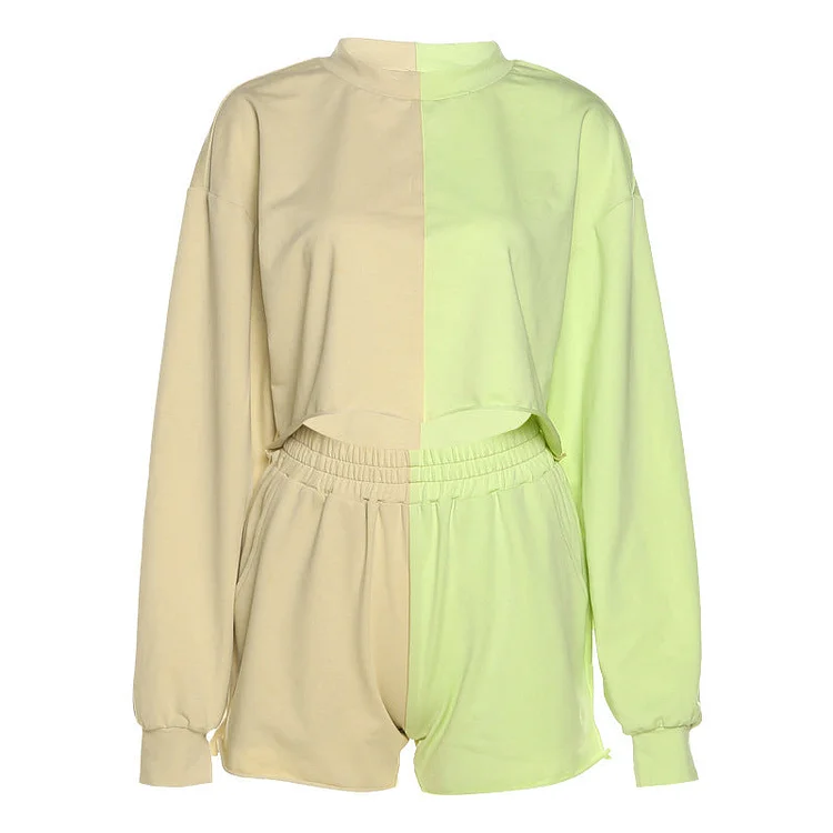 Women Top & Pant 2 Piece Set Autumn and Winter New Color Contrast Patchwork Long-Sleeved Sweater High Waist Hip Shorts Casual Suit
