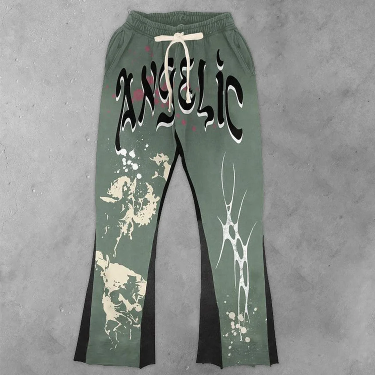 Stylish Angel Print Patchwork Flame Print Flared Sweats Trousers SOPULA