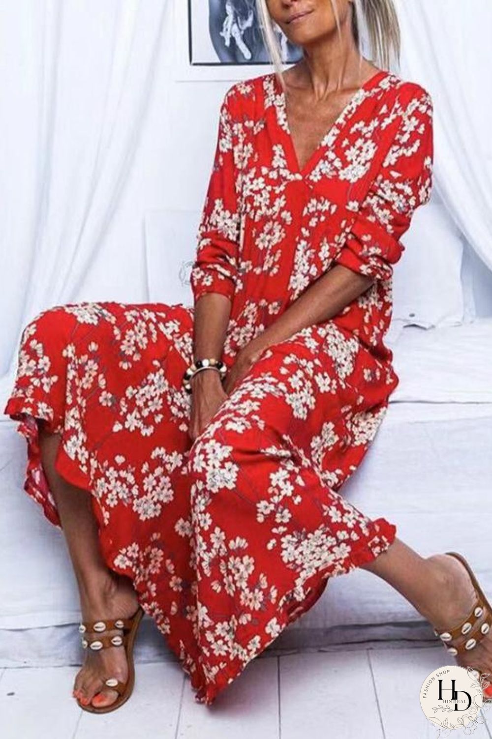 Casual V-Neck Print Boho Maxi Dress P10663