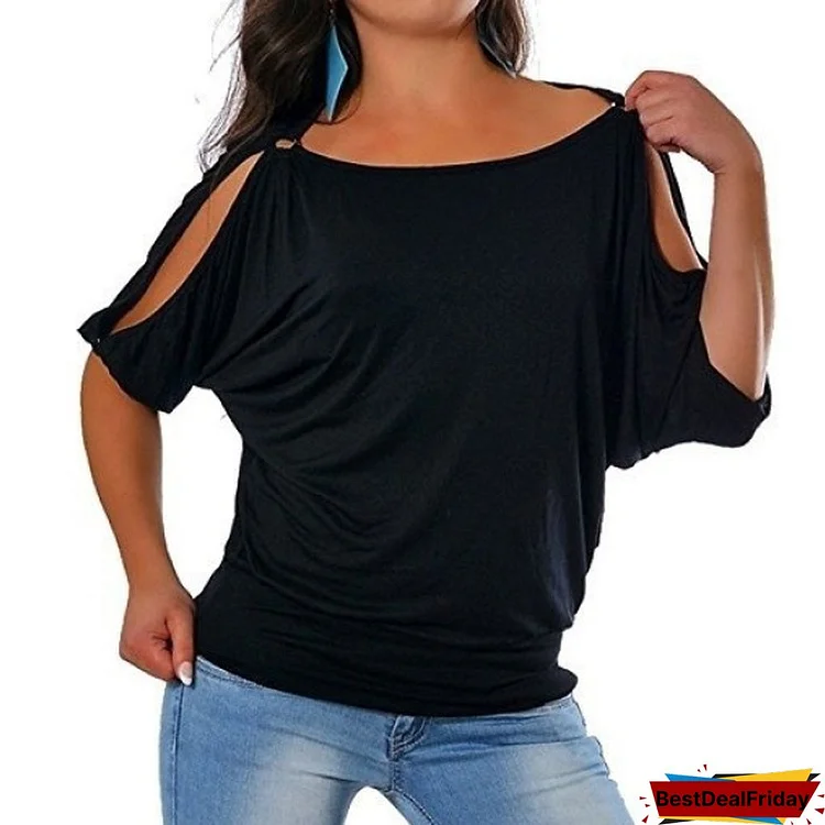 Plus Size Fashion Casual Women's Cold Shoulder Short Sleeve Casual Solid Color O-neck Loose Simple T Shirt Blouse Fashion Tops