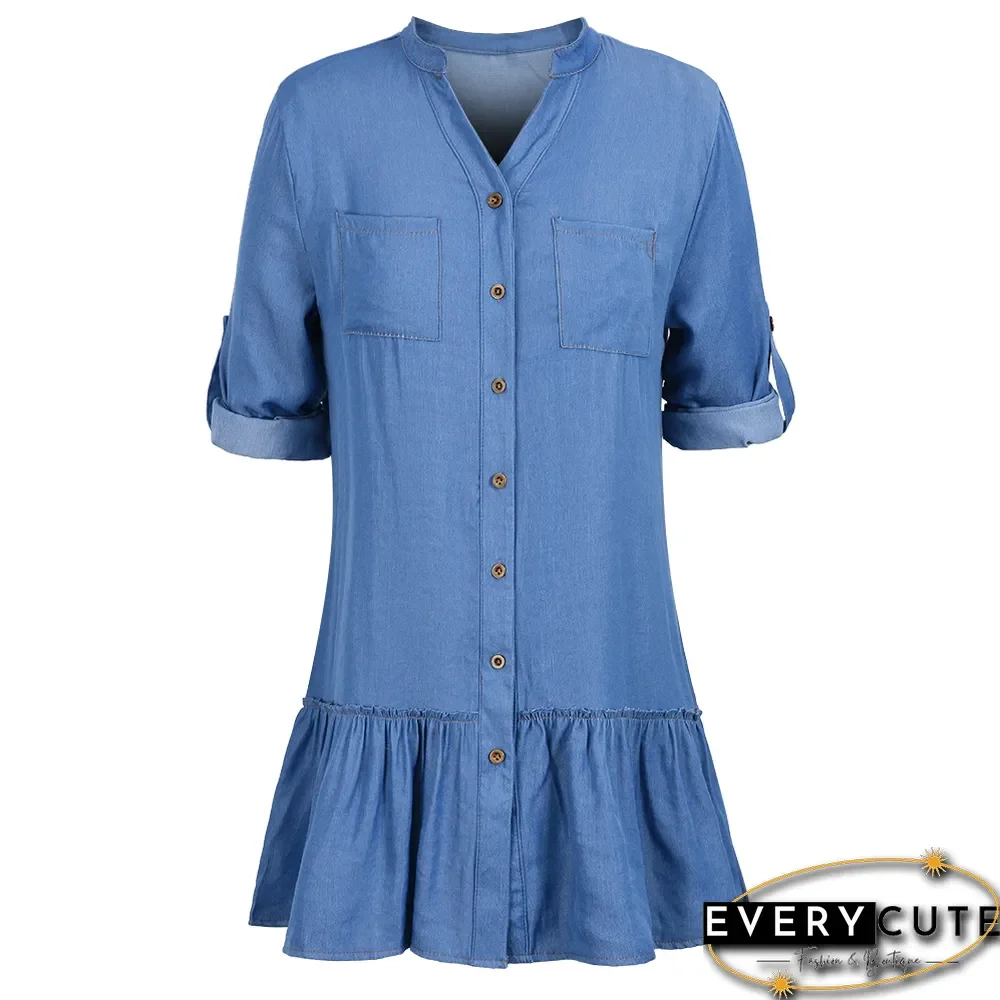 Button Down Casual Tunic Top Women's Above Knee Blouse Dress Women Denim Shirt Dresses Half Sleeve Distressed Jean Dress