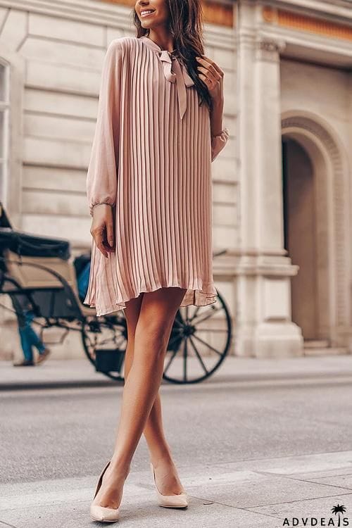 Tied Neck Long Sleeve Pleated Mini Dress
