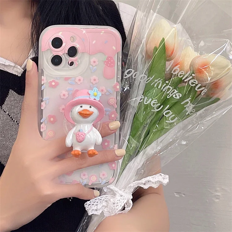 Pink Flower Duck Stand Phone Case