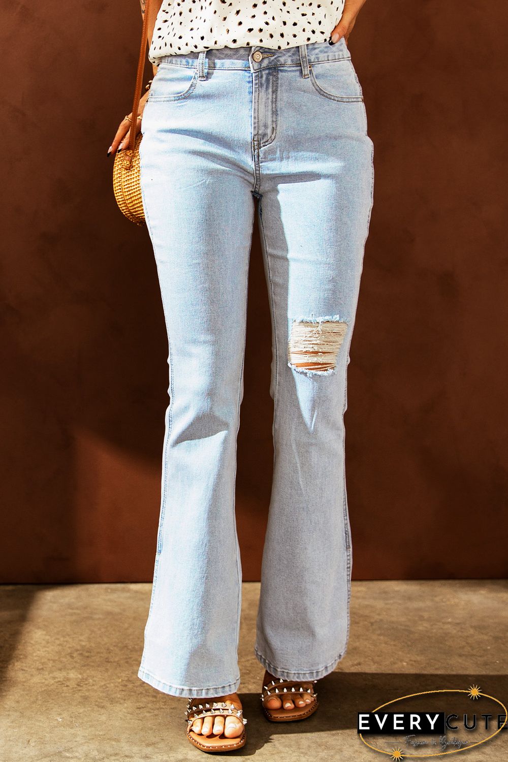 Sky Blue Black Ripped Slit Legs Flare Jeans
