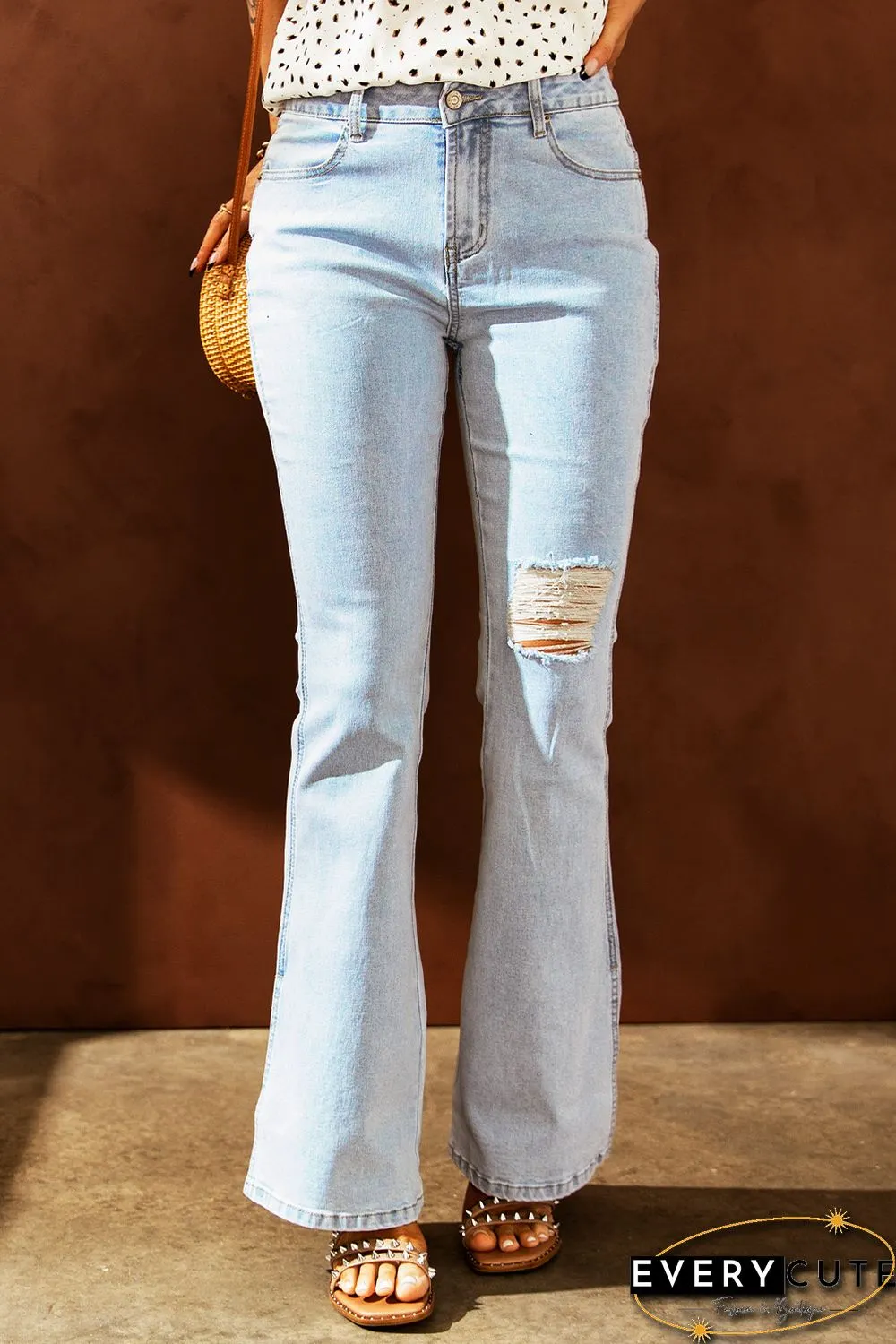 Sky Blue Black Ripped Slit Legs Flare Jeans