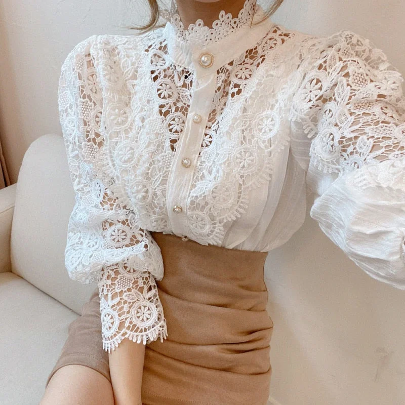New 2021 Sweet Hollow Out Lace Patchwork Women Blouse Chic Button White Top Petal Sleeve Flower Stand Collar Shirt Blusas 12419