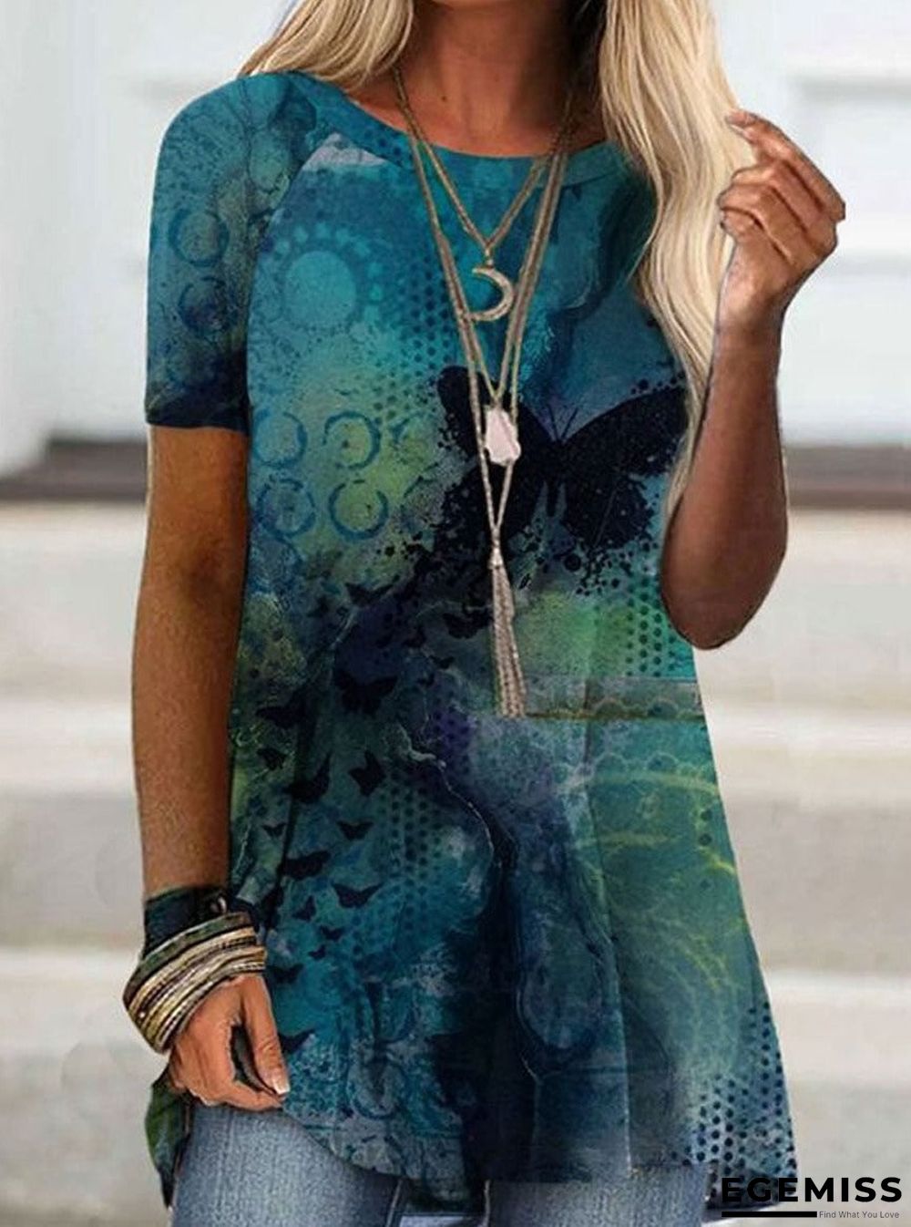 Crew Neck Vintage Print Short Sleeve T-shirt | EGEMISS