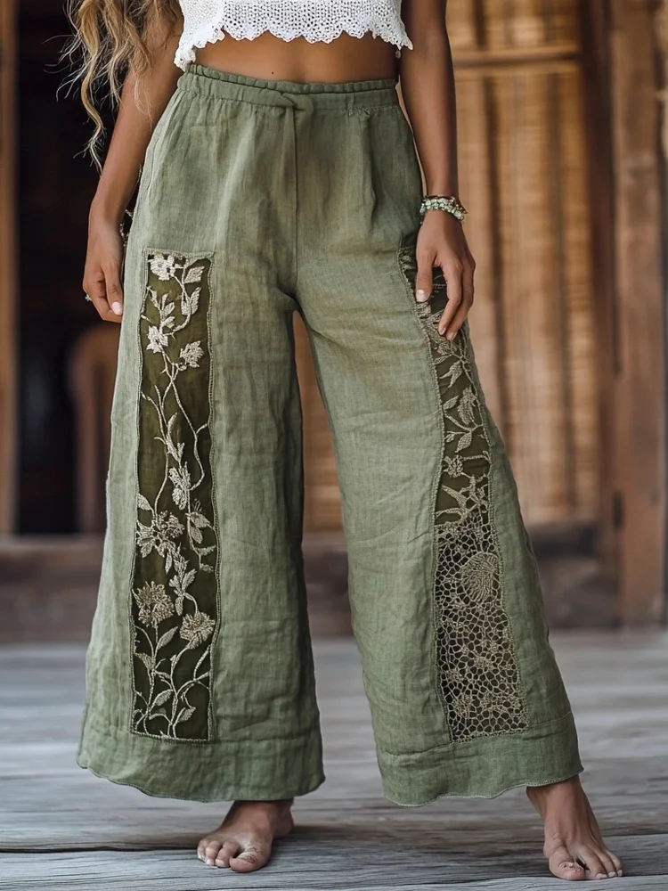 Vintage Floral Boho Women's Linen Straight Leg Pant