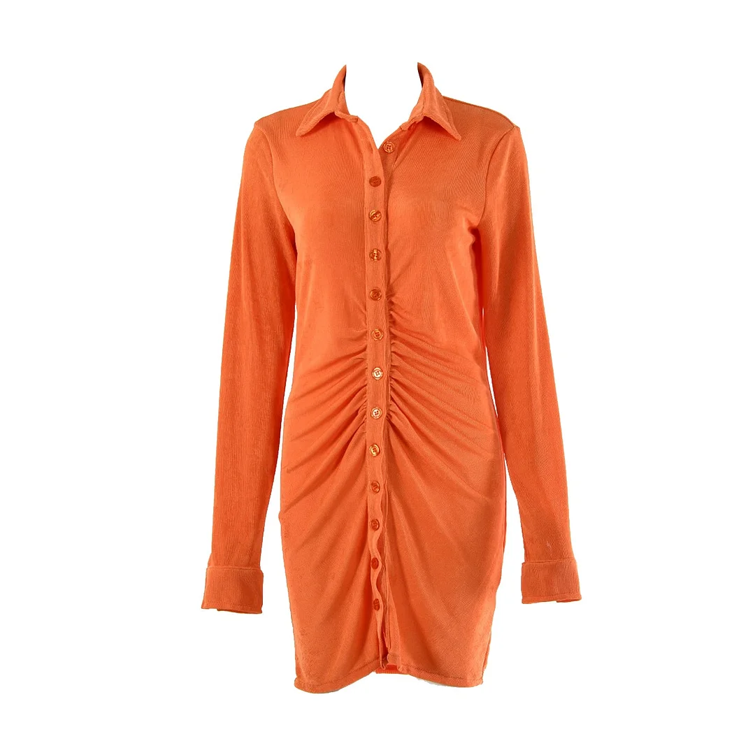 wsevypo Autumn Office Lady Solid Color Mini Shirts Dress Party Vestidos Women's Long Sleeev Button down Ruched Bodycon Dress