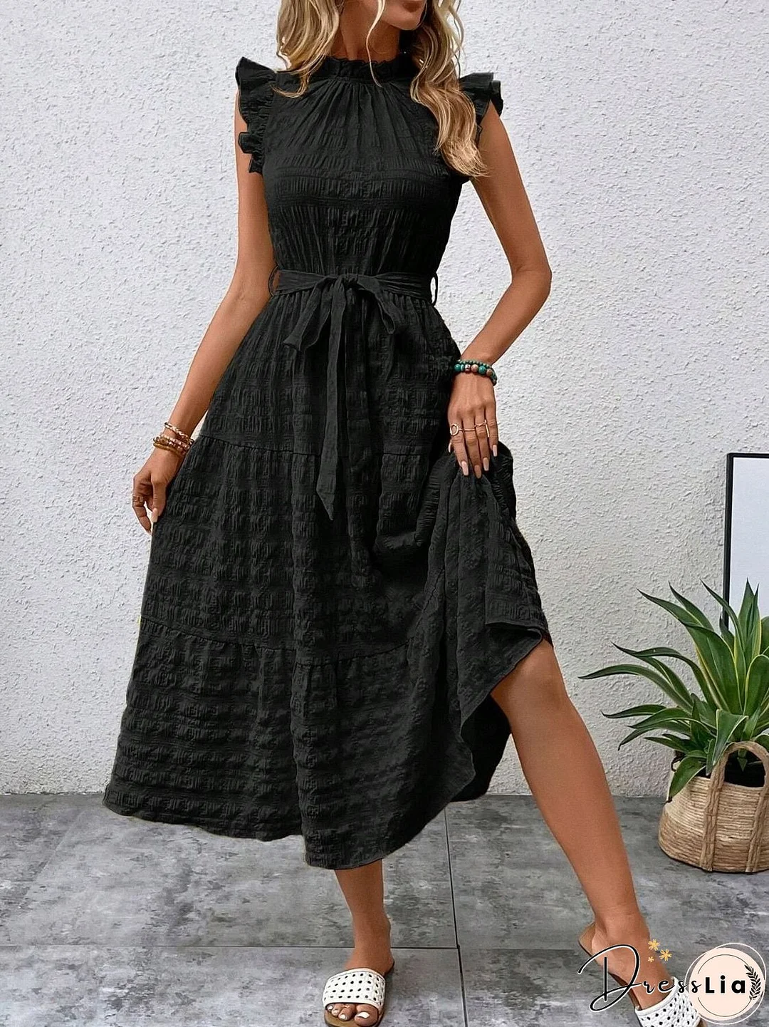 Tied Ruffled Cap Sleeve Midi Dress