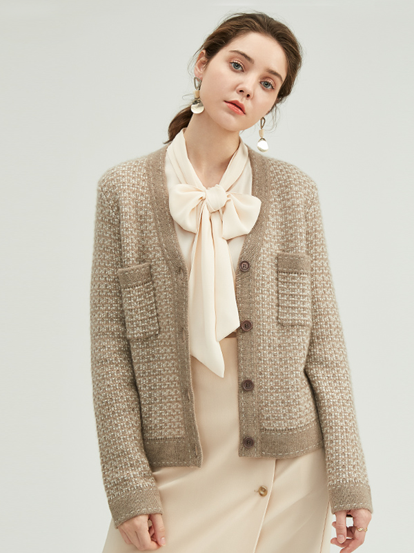 Houndstooth V Neck Cashmere Cardigan REAL SILK LIFE