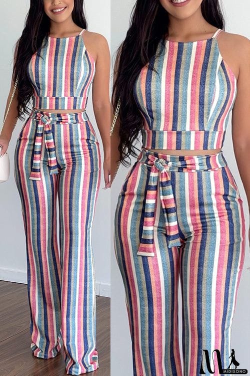 MidiSono - Print Halter Backless Crop Pants Set