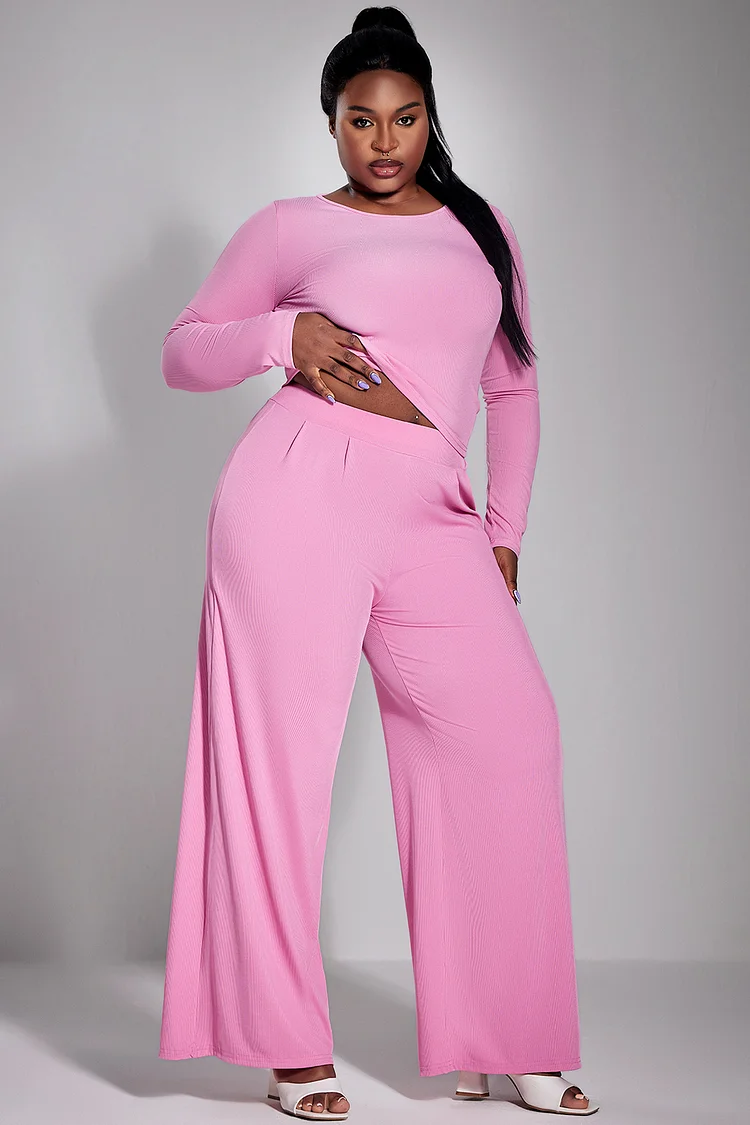 Xpluswear Design Plus Size Daily Pant Set Pink Long Sleeve Wide Leg Knitted Two Piece Pant Set [Pre-Order]