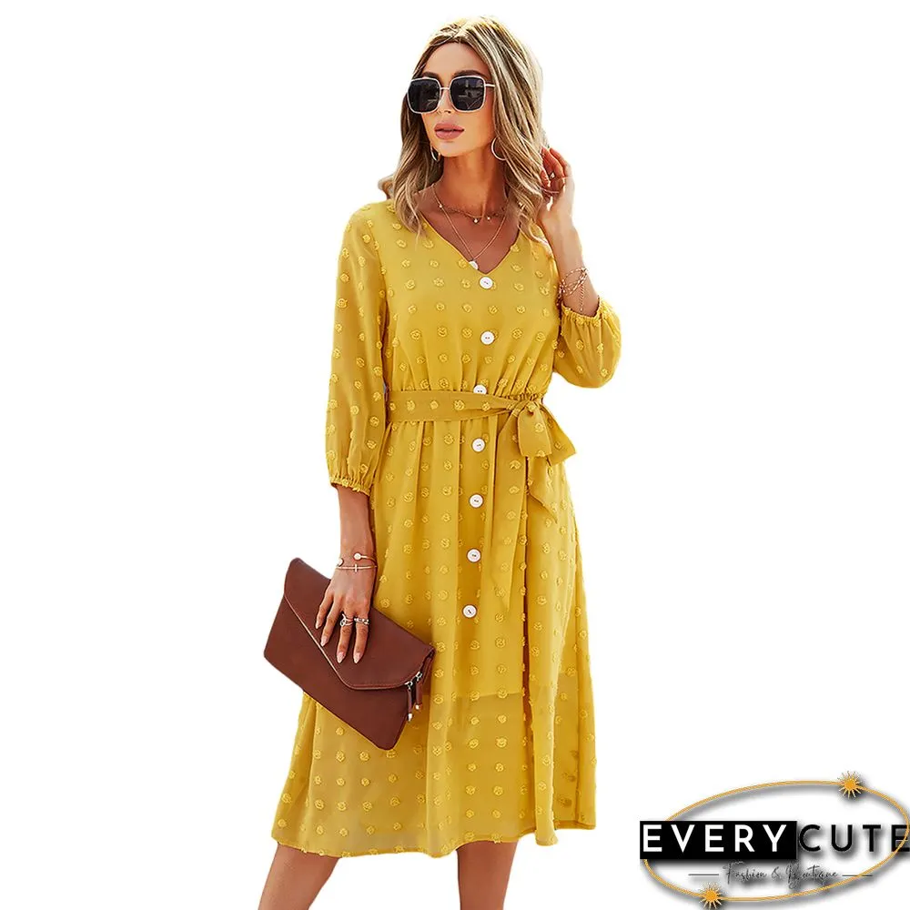 Yellow 1/2 Sleeve Button Down V Neck Casual Dress