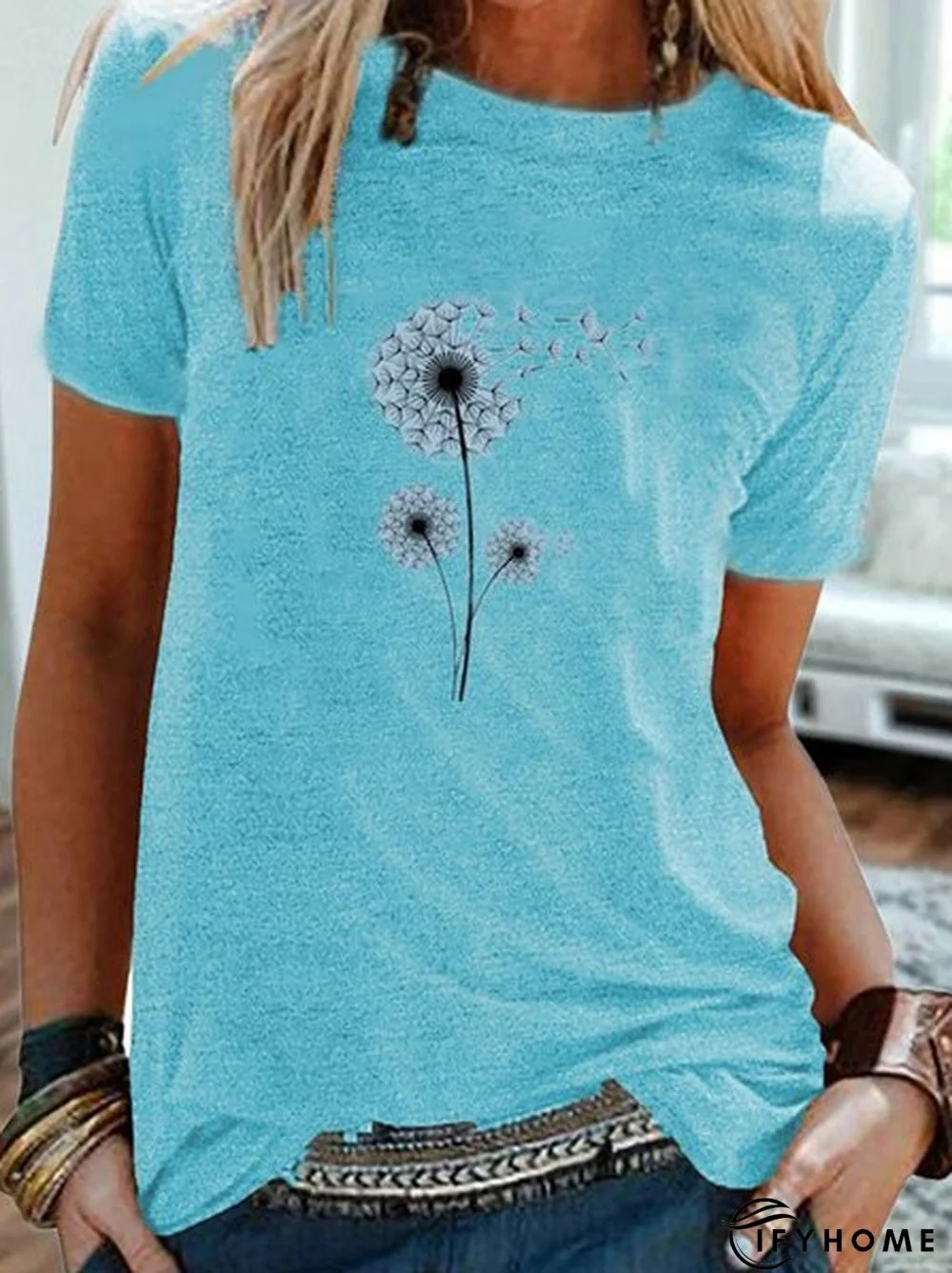 Vintage Short Sleeve Statement Dandelion Printed Crew Neck Casual Top | IFYHOME