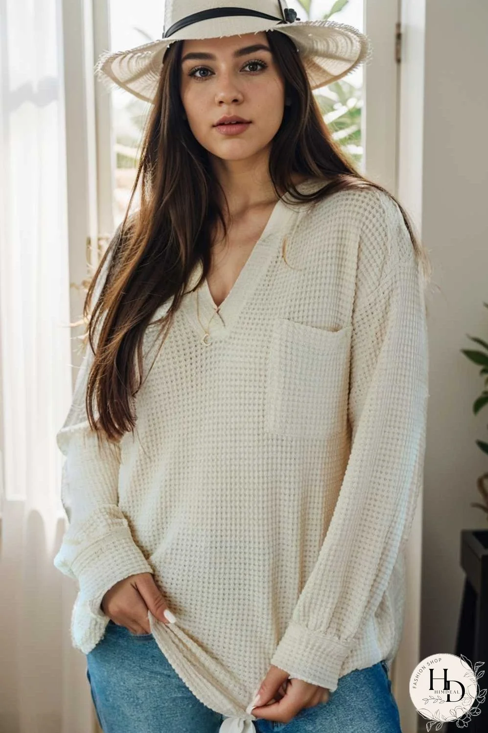 deep v neck long sleeve knitted sweater