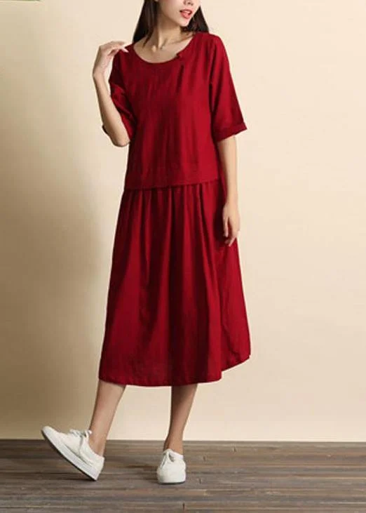 Handmade Burgundy Clothes O Neck Cinched Summer Dress