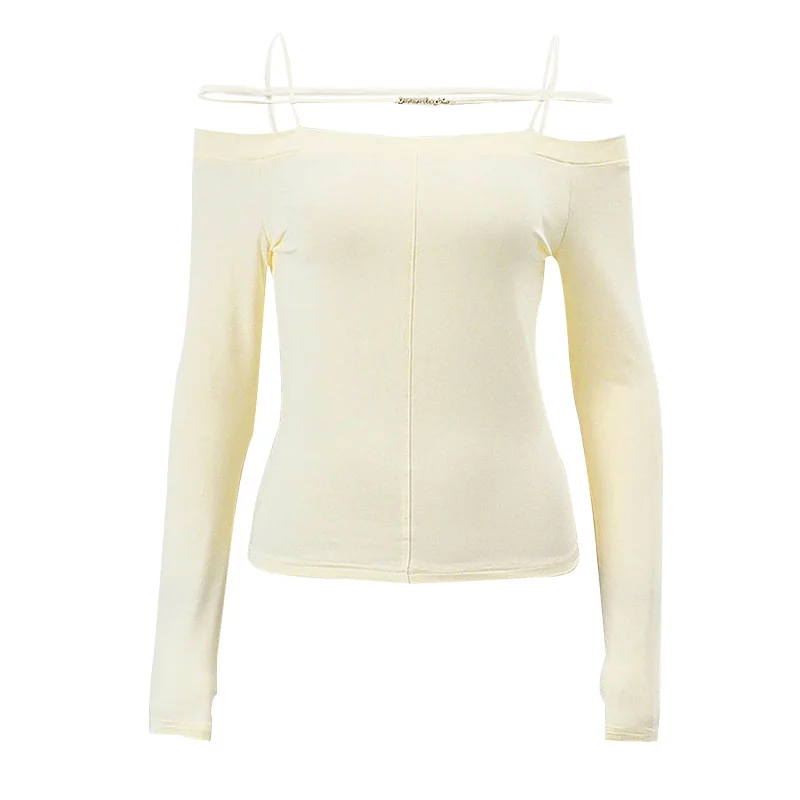 Pongl Pongl 2024 New Women's Long Sleeve One-Line Shoulder Sexy Top Casual Thin Undershirt
