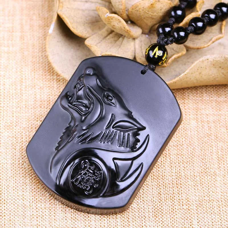 Black Obsidian Stone Wolf Purification Pendant Necklace