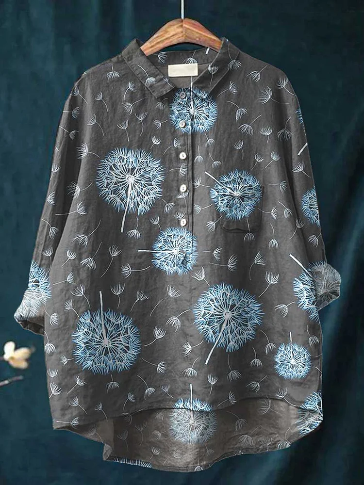 Women's Art Dandelion Flower Casual Cotton and Linen Shirt