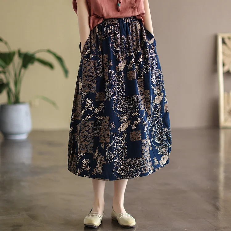 Cozy Vintage Floral A-Line Cotton Skirt