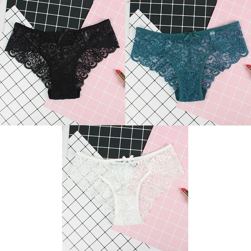 3pcs/Pack Sexy Women Lace Panties Underwear Lace Briefs Transparent Floral Bow Soft Lingerie Sexy Fashion Panties For Ladies