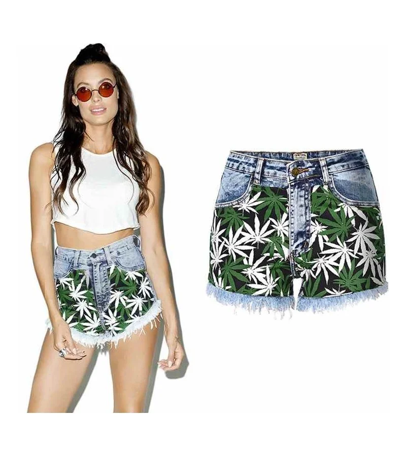 Women Fashion Leaves Applique Design Washed High-waisted Denim Shorts