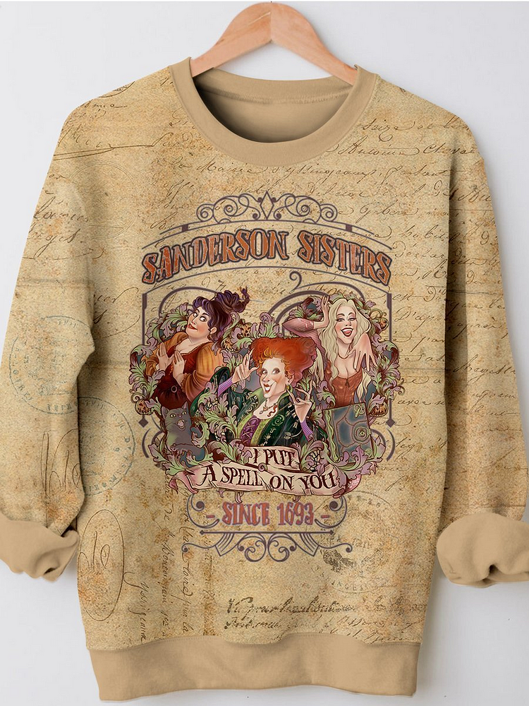 Vintage Witch Sisters Print Long Sleeve Sweatshirt