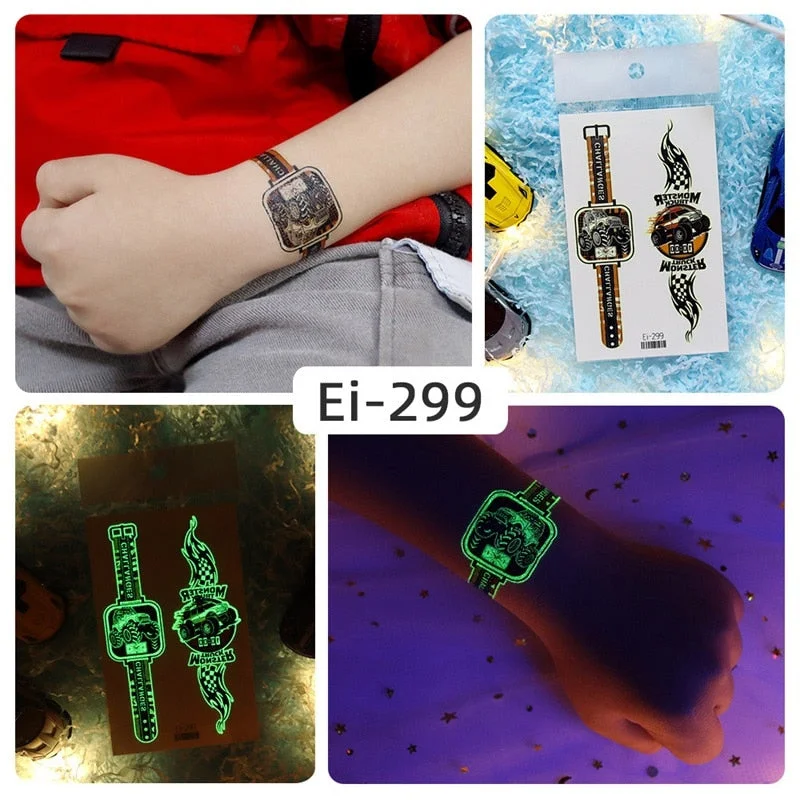 24 kinds Luminous Tattoo Sticker Children Arm Face Glowing Tattoos Watch Boys Body Art Girls Tatto Party Makeup Kids Gift