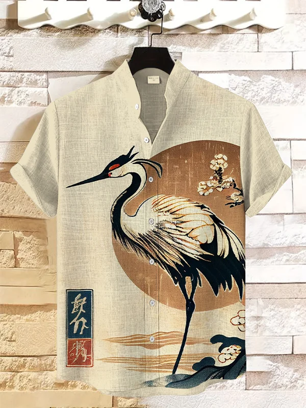 Men's Retro Crane Japanese Art Print Linen Blend Shirt