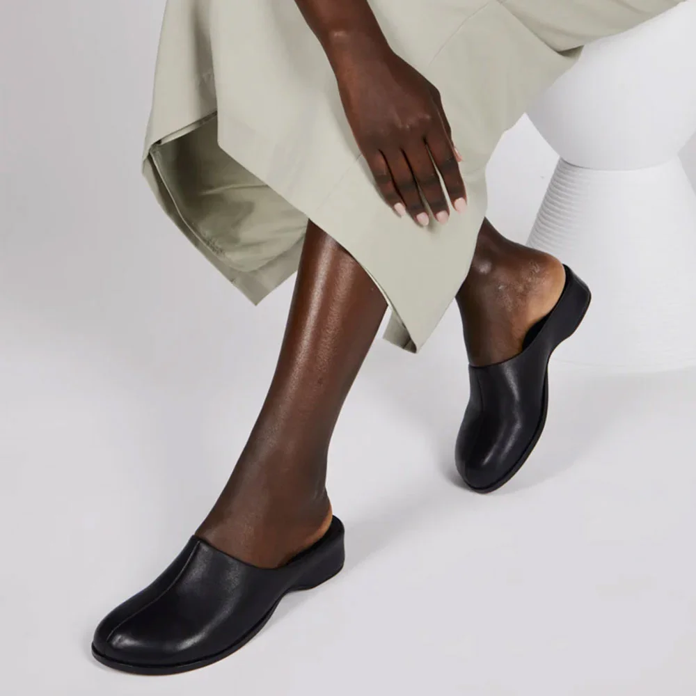 Black Faux Leather Round Flat Casual Slip On Women's Mules Shoes